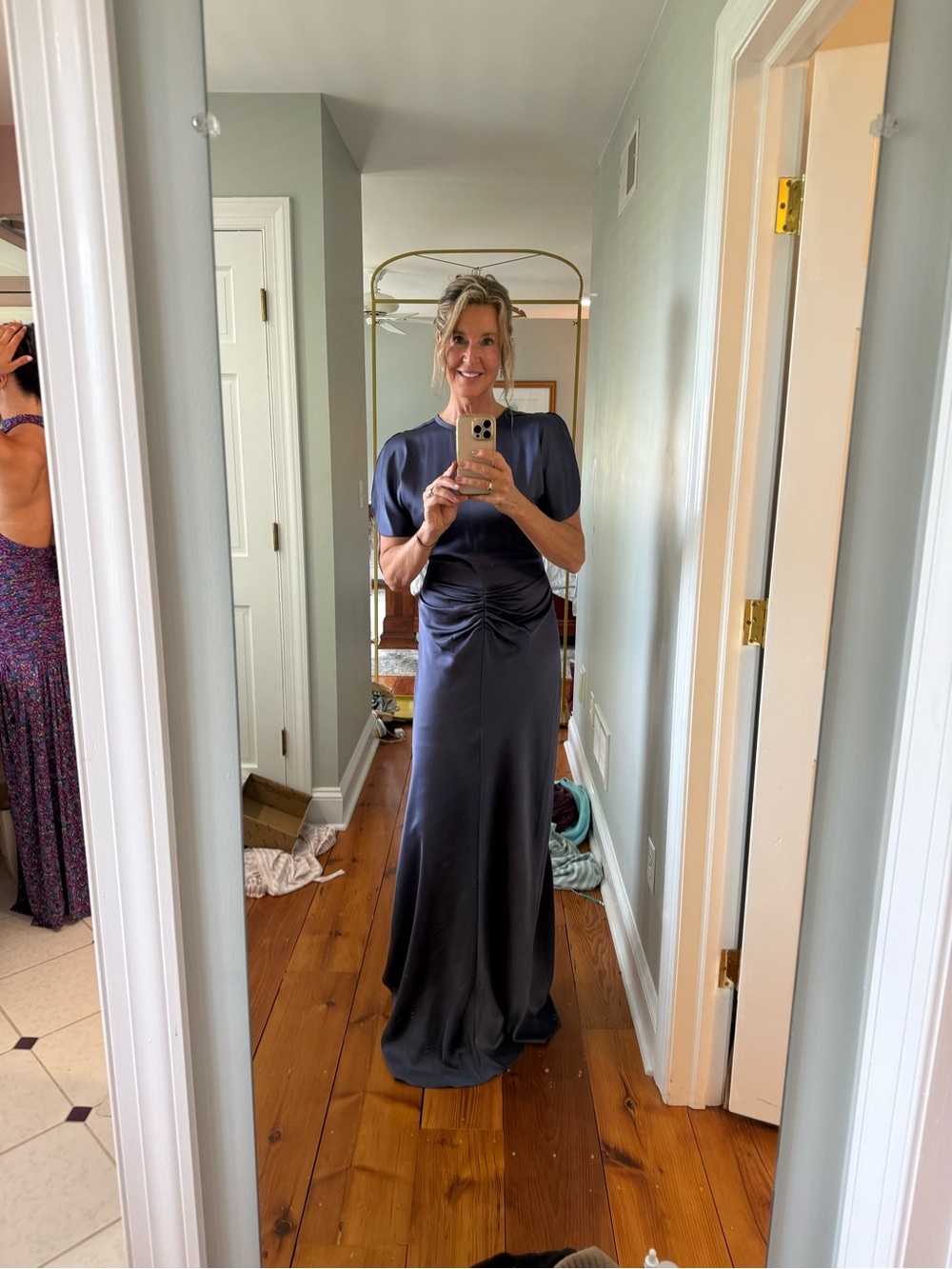 Victoria Beckham Navy Satin Maxi Dress with Gathered Waist